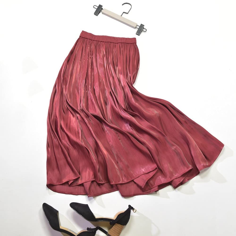 Falda Larga Mujer,Faldas Midi De Cintura Alta Seda De Imitación Nacarado Fluido Gran Swing Verano Elegante Temperamento Falda Plisada De Una Línea con Cintura Elástica para Niña Fecha De Vacacio