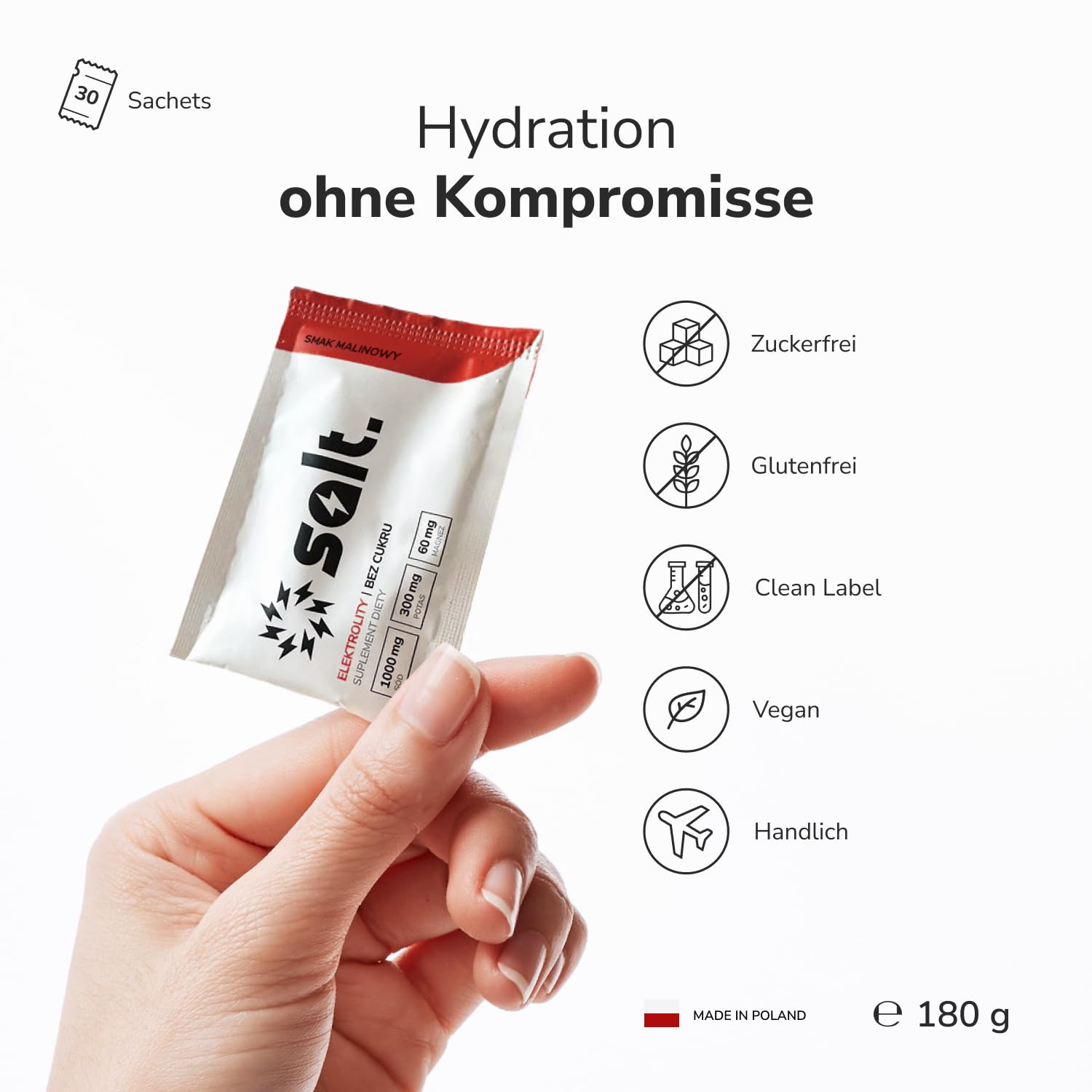 Elektrolyte ohne Zucker - Getränkepulver 30 Sticks Himbeere - 1000mg Natrium, 300mg Kalium, 60mg Magnesium - Elektrolyte Sport & Fitness, Ausdauer, Keto & Low Carb, vegan - Made in Europe by salt.