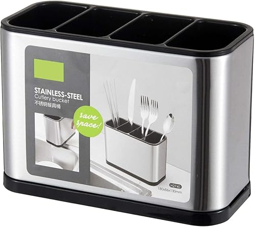 Stainless Steel Cutlery Holder with 4 Slots, 18x8.6x13cm | Draining Base & Spout, Countertop Organiser, Fingerprint-Proof, Hand Wash & Dry, Buffet & Daily Use