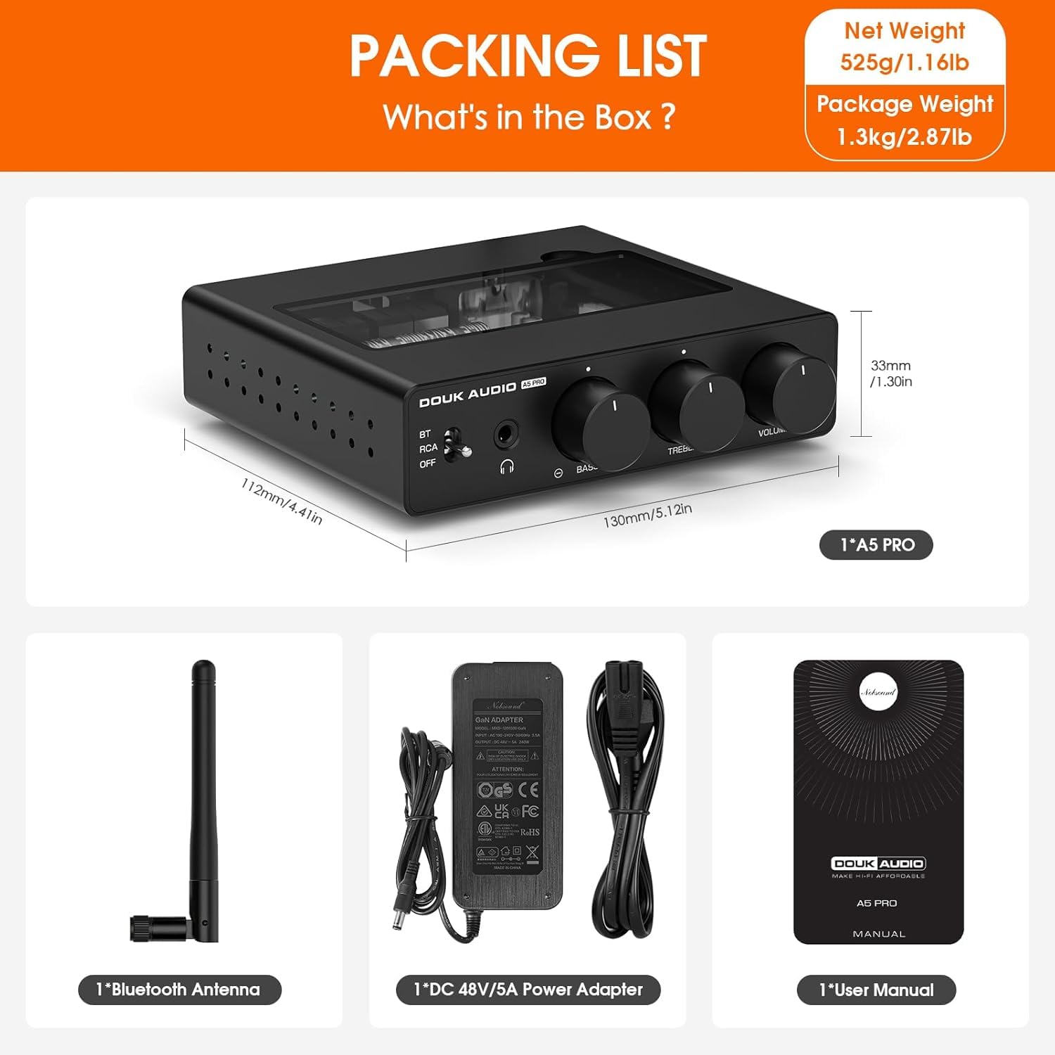 DoukAudio A5PRO - Amplificatore stereo HiFi con TPA3255, 300 W × 2, classe D PFFB, uscita cuffie per home theater, desktop, altoparlanti da scaffale (versione 48 V)