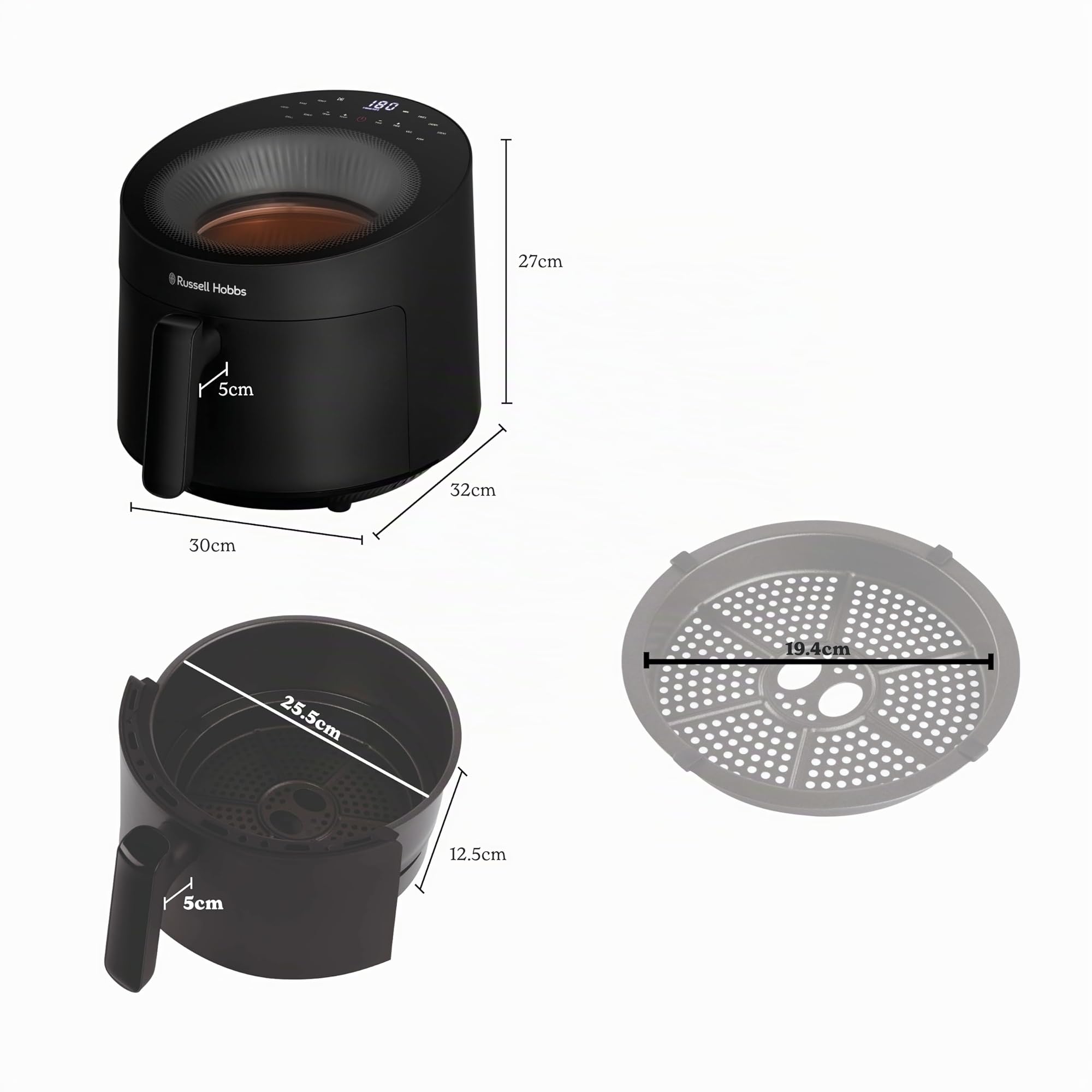 Russell Hobbs Freidora de Aire, 5 L, 10 Programas Preestablecidos, con Ventana de Visualización, Freidora sin aceite, Freír, Gratinar, Asar, Hornear, Recalentar, Max 200℃, Cesta Apta para Lavavajillas