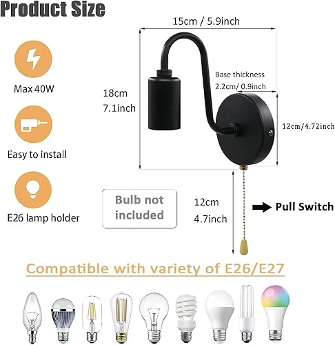 Miniatura 4 de Aplique de pared de cadena vintage con interruptor, lámpara de pared negra, lámpara de pared industrial E26, lámpara de pared industrial con cable