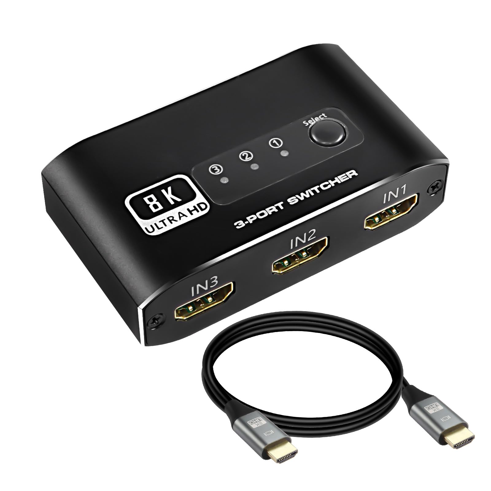 XMSJSIY Commutateur HDMI 3 en 1 Sortie, Sélecteur Répartiteur 2.1 Avec Câble 3 Ports Compatible 4K 120Hz 8K 60Hz 48Gbps pour HDTV, PS5, Xbox DVD, Projecteur