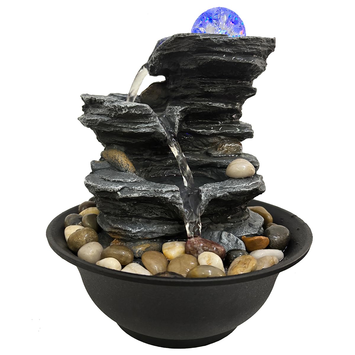 Rock Cascading Tabletop Water Fountain with Colored LED Lights, Zen Meditation Indoor Waterfall Feature with Natural River Rocks, Feng Shui Tabletop Waterfall for Home Office Bedroom