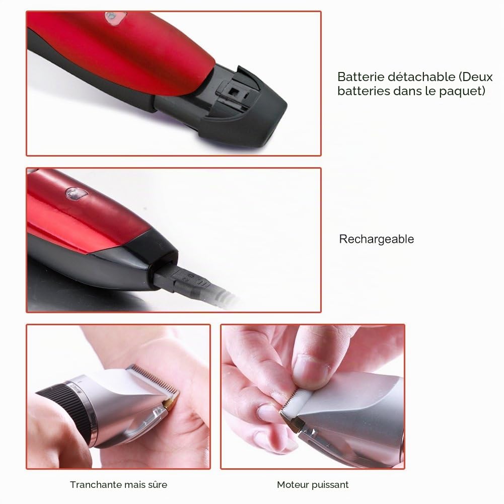 Surker Rouge Tondeuse Cheveux Professionnelle Tondeuse Barbe Rasoir Electrique Sans Fil Rechargeable avec 4 Peigne pour Enfants, Adultes, Personnes Agées,Rasoir électrique