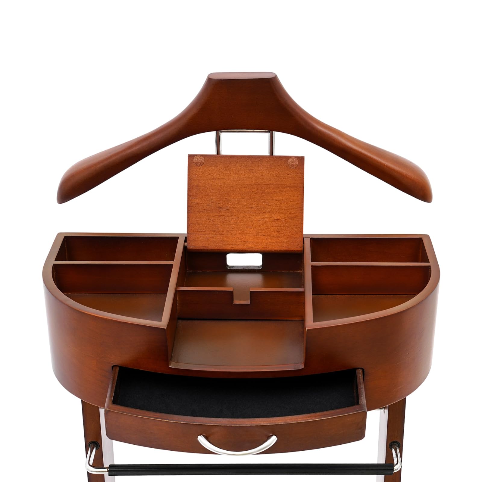 Valet de chambre à coucher en bois avec étagère et compartiment pour téléphone portable, porte-vêtements avec cintre à pantalon et étagère à chaussures, peu encombrant avec poignée, chambre à