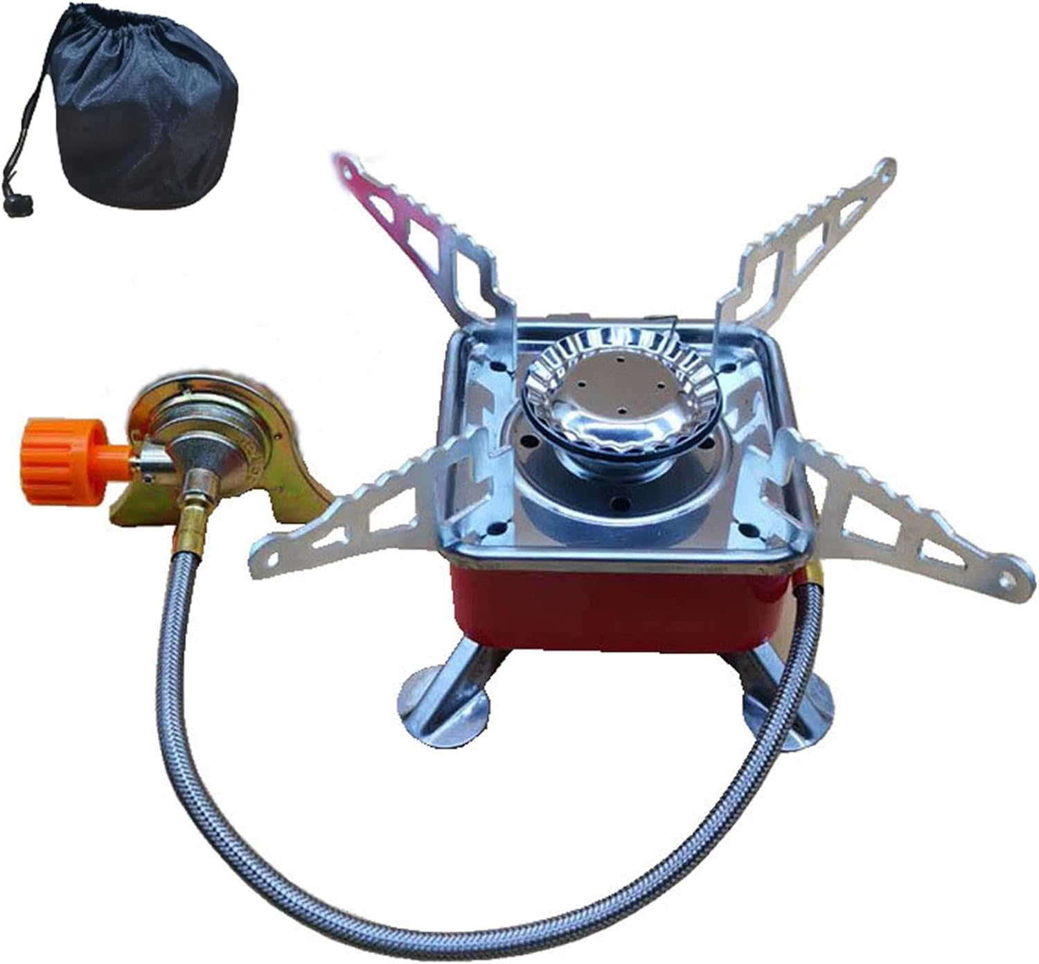 ADD GEAR Mini camping Stove With Enhanced Security Gas Pipe, Keeps Gas canister away from Stove. Backpacking Biking Red Square Stove-image-23