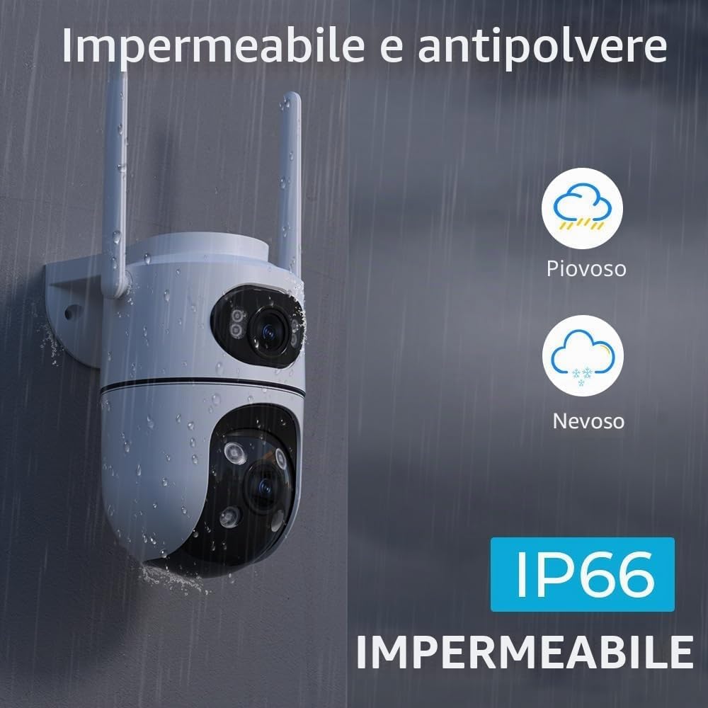 Telecamera Wi-Fi Esterno Doppio Obbiettivo, Telecamera WiFi da Esterno PTZ Videocamera Sorveglianza con Scheda TF 64 GB Rilevamento Umano Visione Notturna a Colori Tracciamento Movimento con Sirena