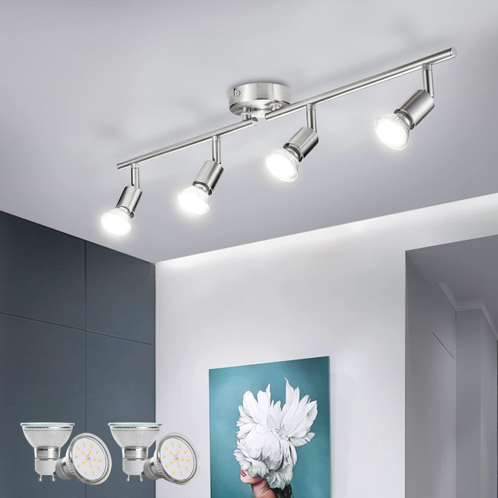 Bojim Faretti LED da Soffitto Orientabili Lampada, Plafoniera Lampadario Applique Interno, Parete Barra Luci Inclusi 4 x 6W GU10 Moderni, per Bagno Cucina Camera Corridoio, Neutra Bianco, Nichel Opaco