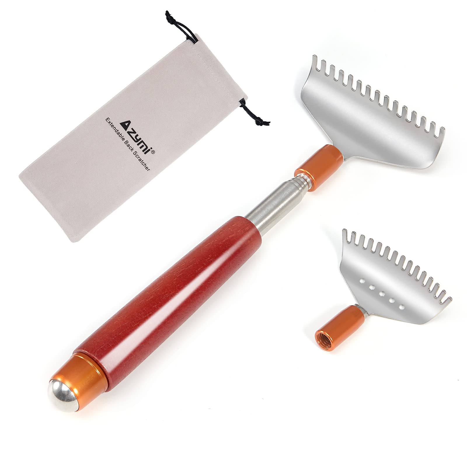 Back Scratcher with 2Pcs Big Detachable Heads, Azymi Telescoping Back Scratcher for Women Men, 304 Stainless Steel Wide Claws/Roller Ball/Wooden Handle/Head Foot Body Scratcher Massager