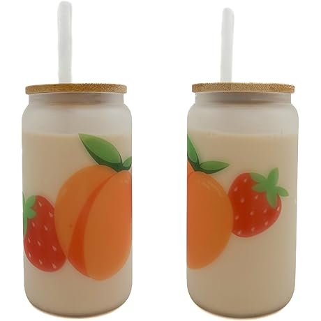 Frosted Strawberry Peach Beer Can Glass with Bamboo Lid and Reusable Straw