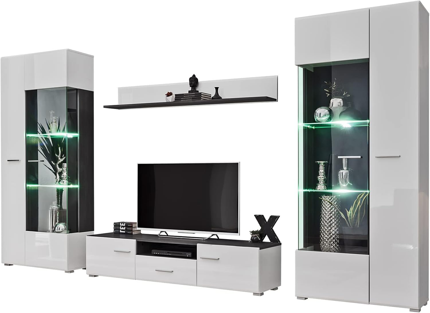Wohnwand SOLIDO Twin Wohnzimmerset TV Wand Weiß Hochglanz Anbauwand Wohnzimmer Fernsehwand