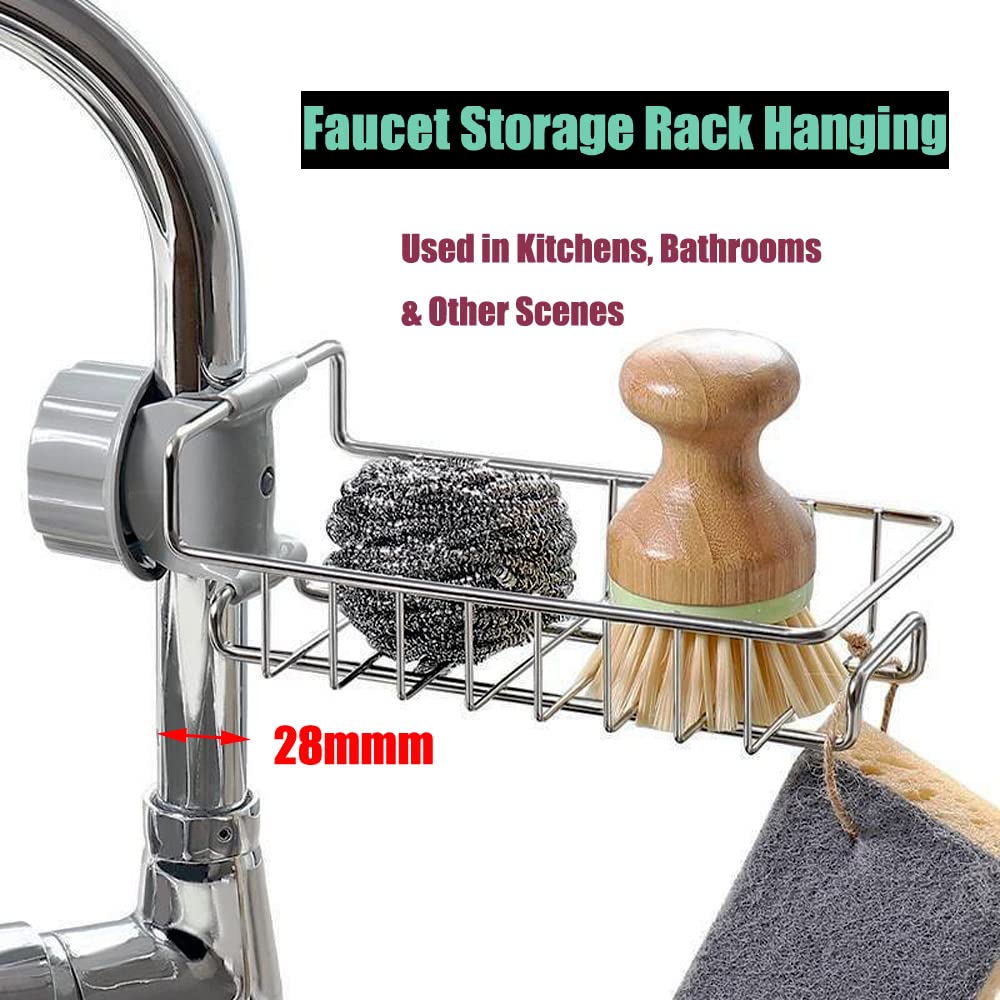 Faucet Sponge Holder - Detachable Sink Organizer Rack For Kitchen & Bathroom (Silver, No Drilling)