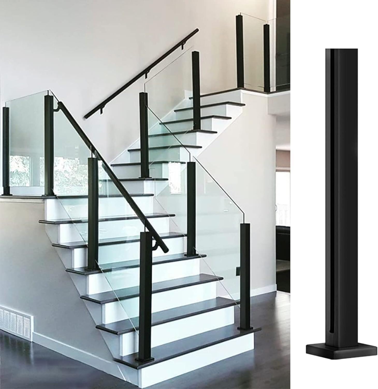 Glaszaun-Befestigungsstange, Glasgeländerpfosten, Edelstahl, schwarz, quadratischer Pfosten für Außentreppen, Villen, Balkon, Treppe (Eckpfosten, 85 cm)