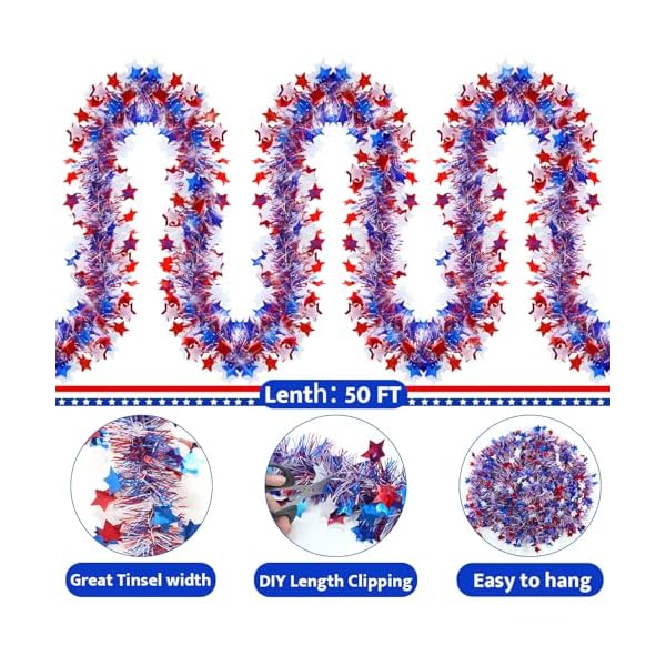 50ft 4th of july tinsel garland red white and blue garland patriotic garland for celebration holiday red white and blue decorations memorial day independence day 4th of july decorations  urban country home decor