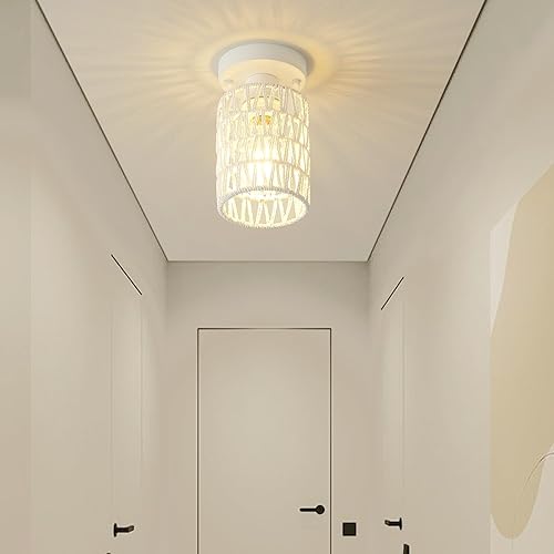 Miniatura 6 de Paquete de 2 lámparas de techo de ratán de montaje empotrado, cerca del techo con pantalla de ratán, lámpara colgante bohemia tejida a mano para