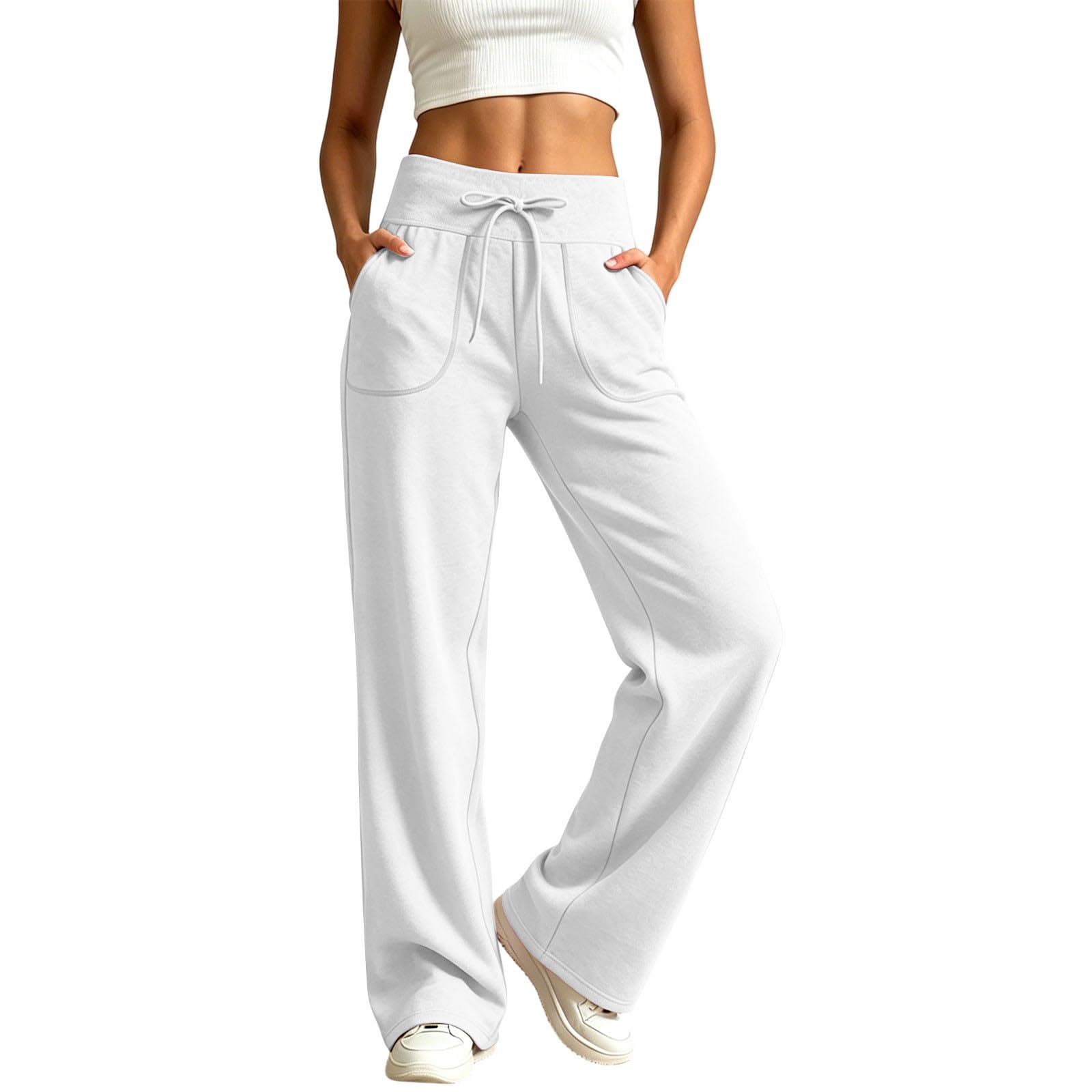 Generico Pantaloni Tuta Donna Pantaloni Sportivi Vita Alta Pantalone a Gamba Larga Larghi e Morbidi Pantalone Baggy con Tasche Pants Lunghi con Coulisse Regolabile per Jogging Fitness Sport