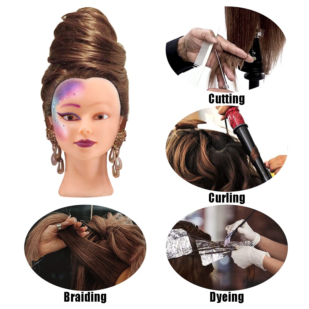CZFY Cosmetology Mannequin Head with 100% Real Human Hair and Adjustable Stand 22-24� for Braiding Hair Styling Training Hairart Barber Hairdressing Fashion Salon Display (Brown2)