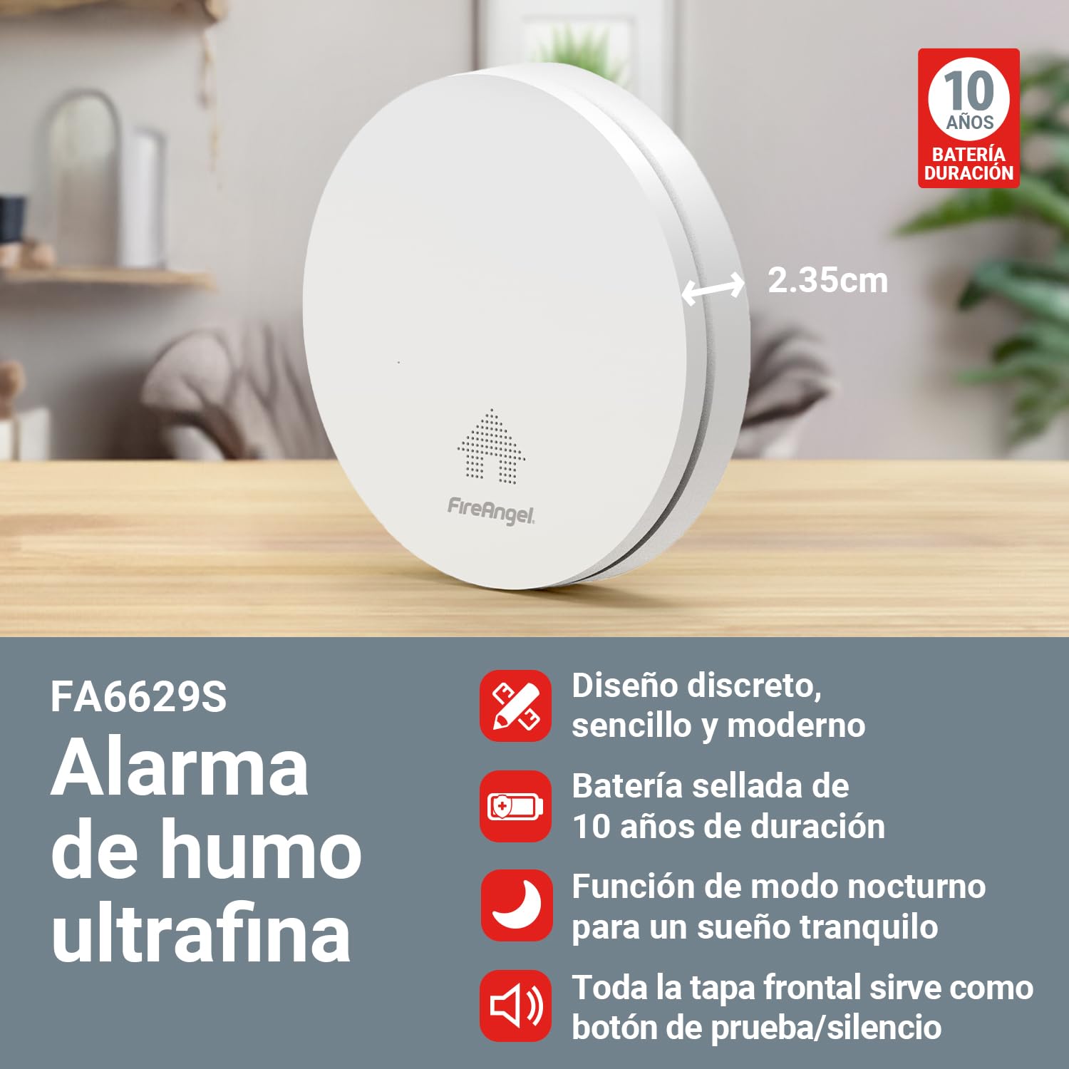 FireAngel Detector de Humo Óptico Ultrafino FA6629S - Alarma de Incendios para Hogar con Batería de 10 Años de Duración - 115 mm x 23.5 mm
