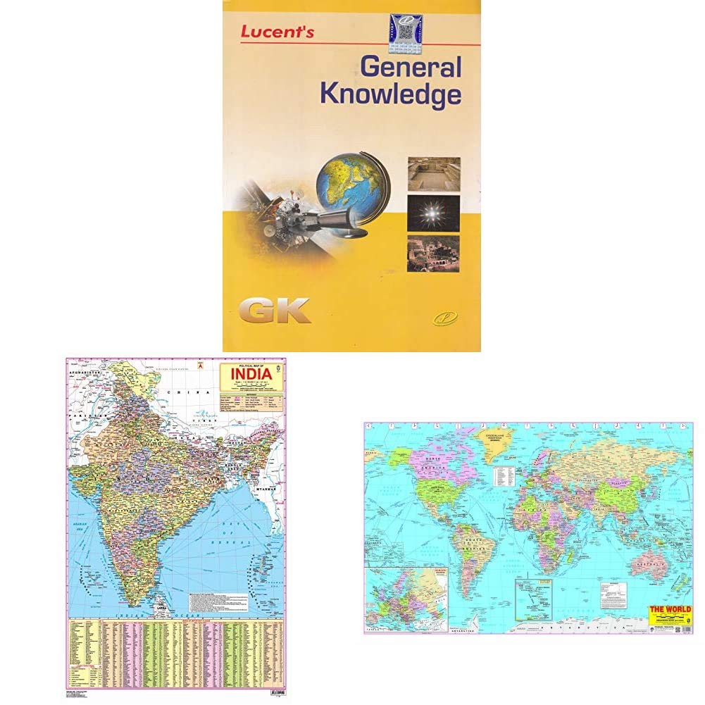 General Knowledge+India Map- With New Union Territories of Jammu & Kashmir and Ladakh (Poster)- 2020+World Map(Set of 3 books)