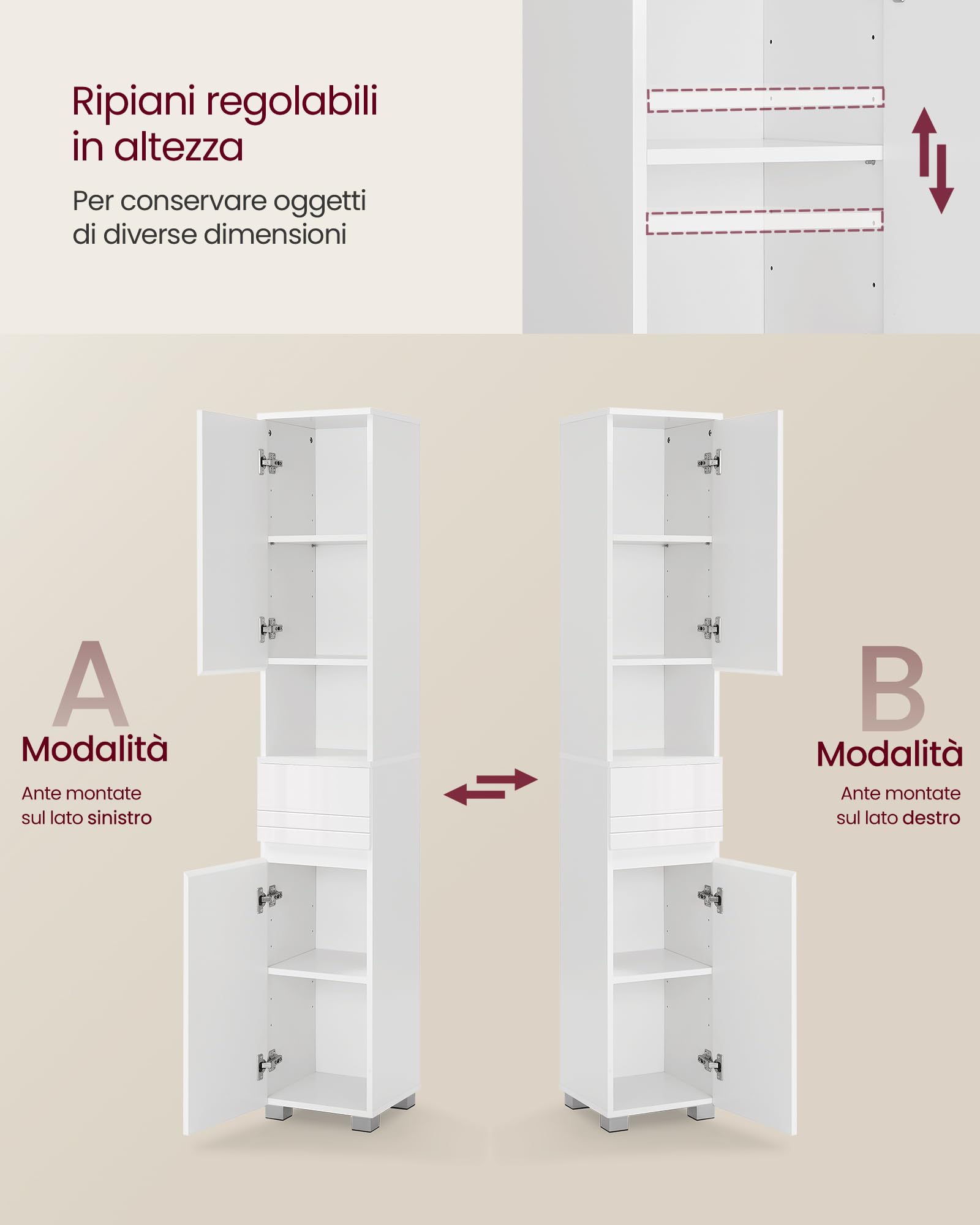 VASAGLE Mobile da Bagno, Mobiletto Portaoggetti, Alto, con Cassetto, Ripiani Regolabili, Scomparti, 30 x 30 x 170 cm, Bianco Nuvola BBC560P31
