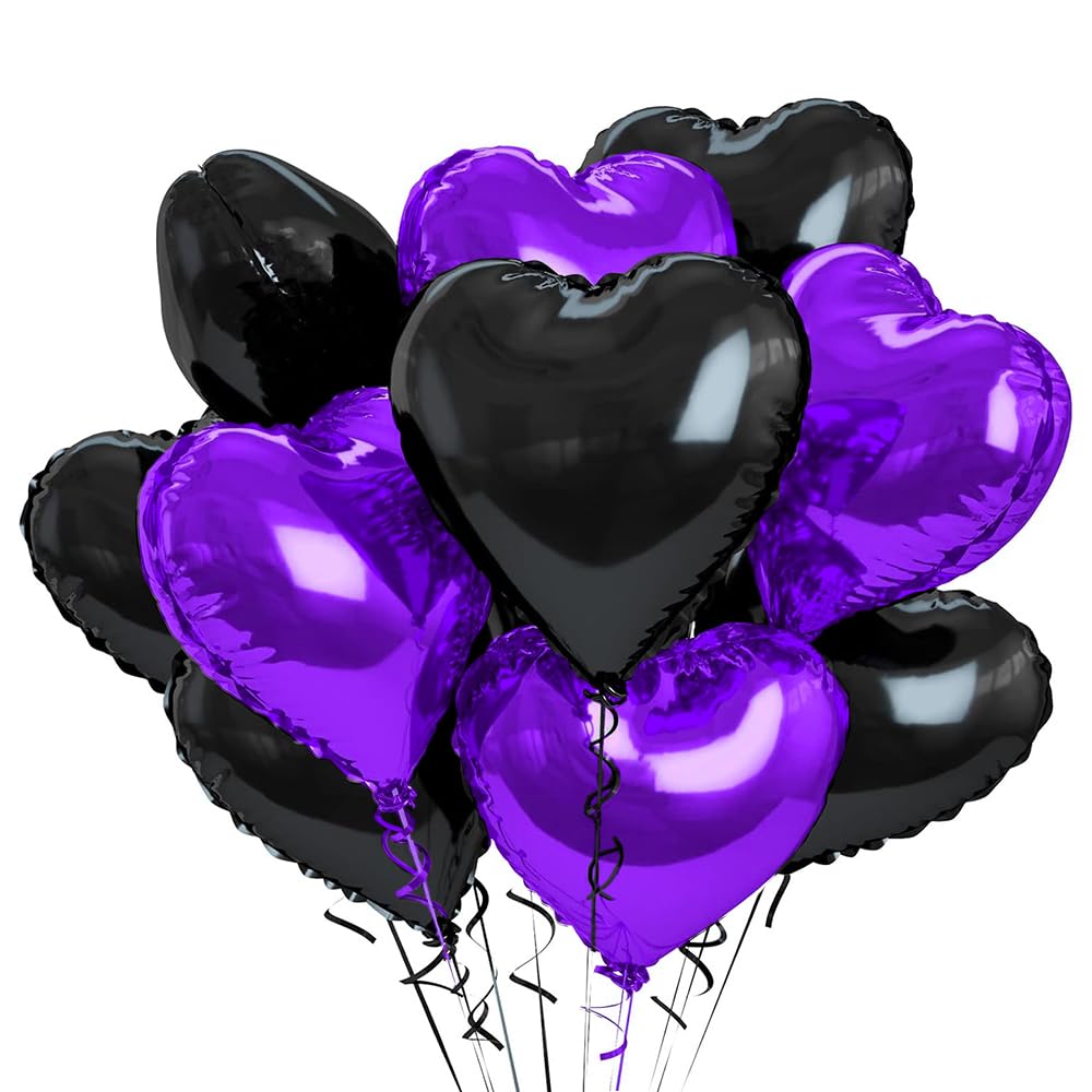 wrovitik 12 Pcs Black and Purple Heart Foil Balloons,18 inch Black and Purple Heart Mylar Balloons for Love Heart Balloon Valentines Birthday Wedding