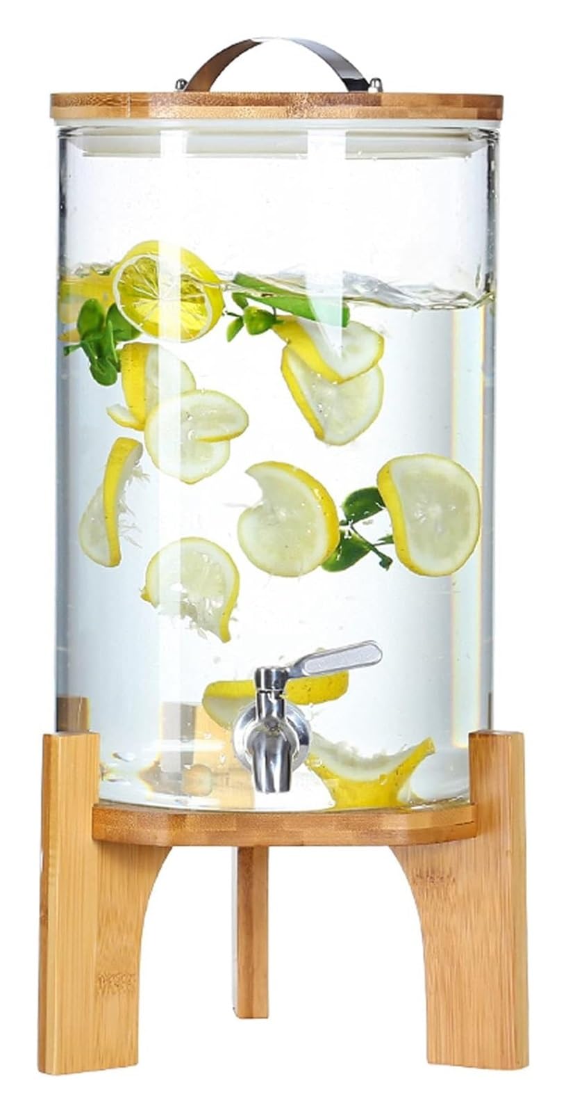 MYUYEE Glass Water Dispenser With Metal Wire Stand With Tap, Drinks Dispenser With Bamboo Wood Stand, Vintage Beverage Dispensers For Juices Or Any Other Drink, Juice Dispenser (Bamboo Cover-7.5L)