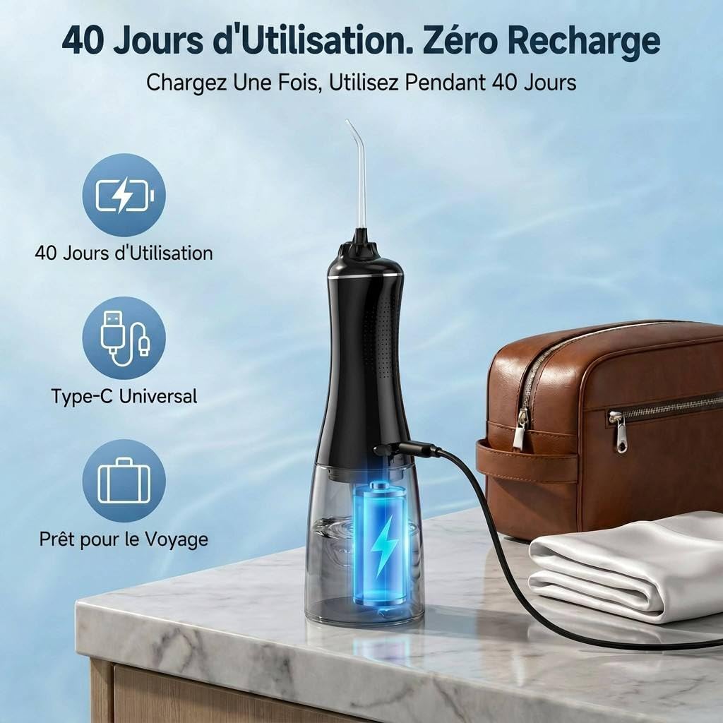 Jet Dentaire Hydropulseur Sans Fil MOCEL 5 Modes, Irrigateur Portable 350ml avec 6 Embouts Rechargeable Étanche IPX7 pour Soins Appareil Dentaire