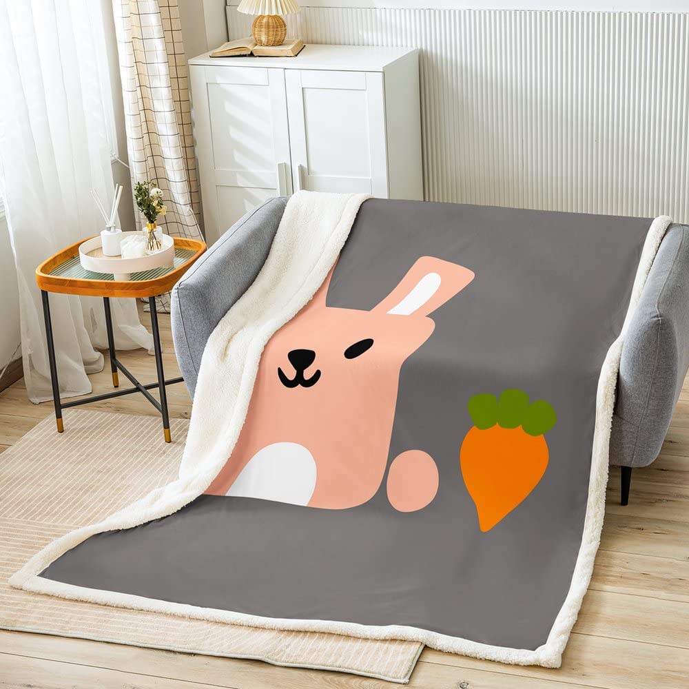 Loussiesd Kawaii Rabbit Fleece Throw Blanket Cute 3D Animals Sherpa Blanket for Bed Sofa Rabbit Carrot Orange Gray Plush Blanket Warm Fuzzy Blanket Single 50x60 Inch