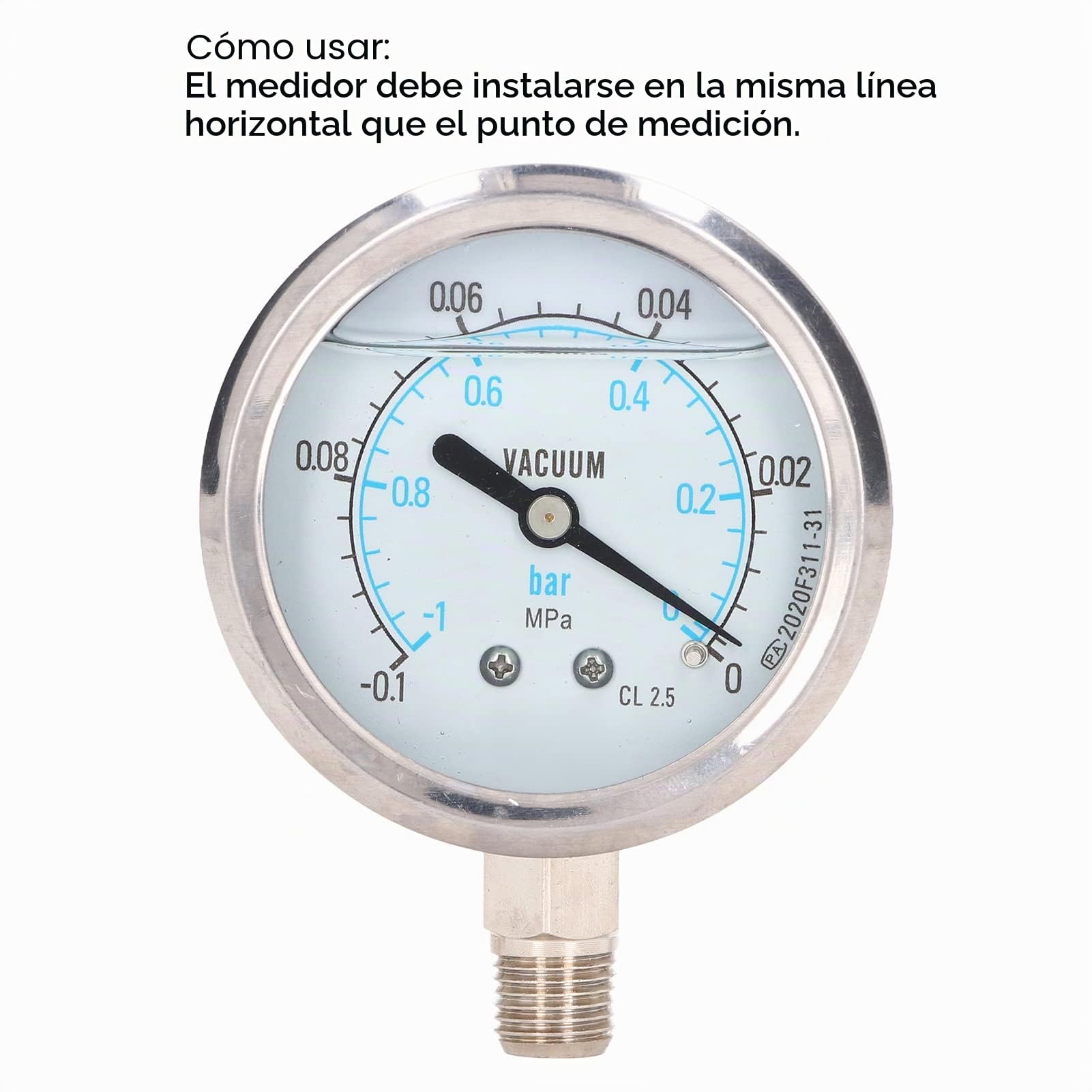 Manómetro de vacío, 1/4in NPT Doble escala de acero inoxidable manómetro de vacío probador para agua (-0.1-0Mpa)