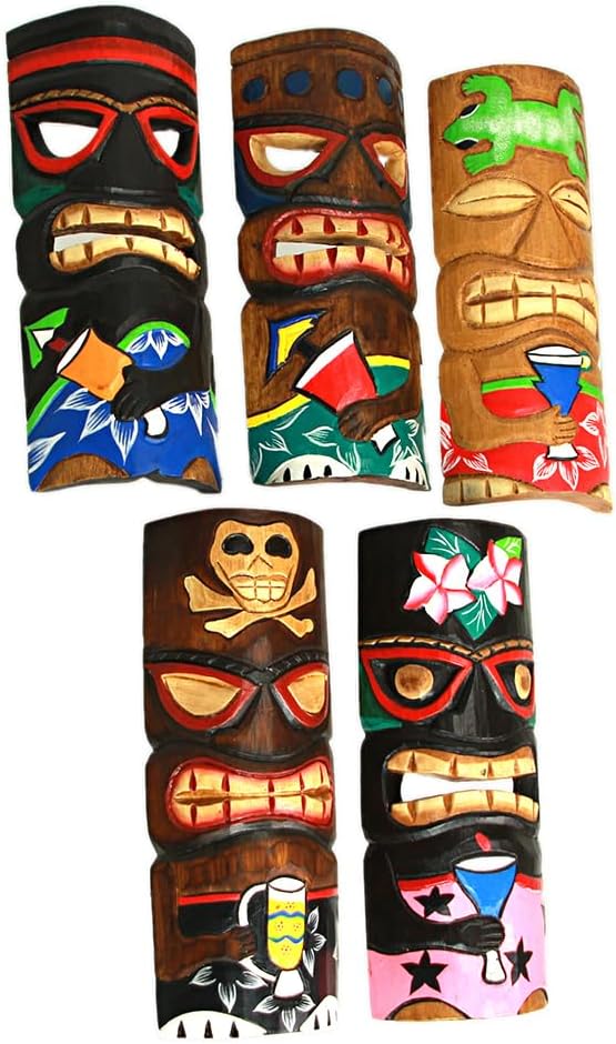 Zeckos Set of 5 Hand-Carved Polynesian Style Wooden Wall Masks - 12-Inch High Island Decor, Vibrant Hand-Painted Finish - Sustainable Wood - Perfect for Tiki Bar, Patio, BBQ Pit