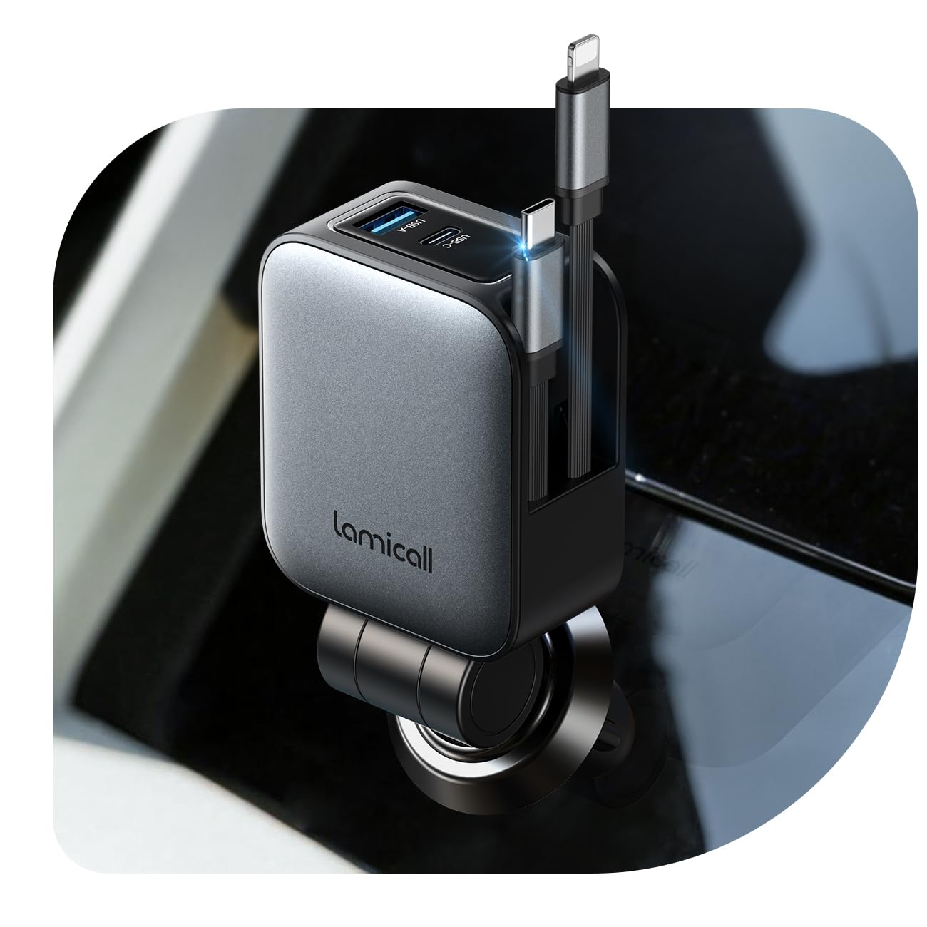 Lamicall 4 IN 1 Zigarettenanzünder USB C Auto Ladegerät - [2× Einziehbare Kabel] 75W USB Adapter Auto mit Typ-C Kabel/iPhone‑Kabel/USB C/USB A, 24/12V KFZ Ladegerät Schnellladegerät für iPhone/Samsung