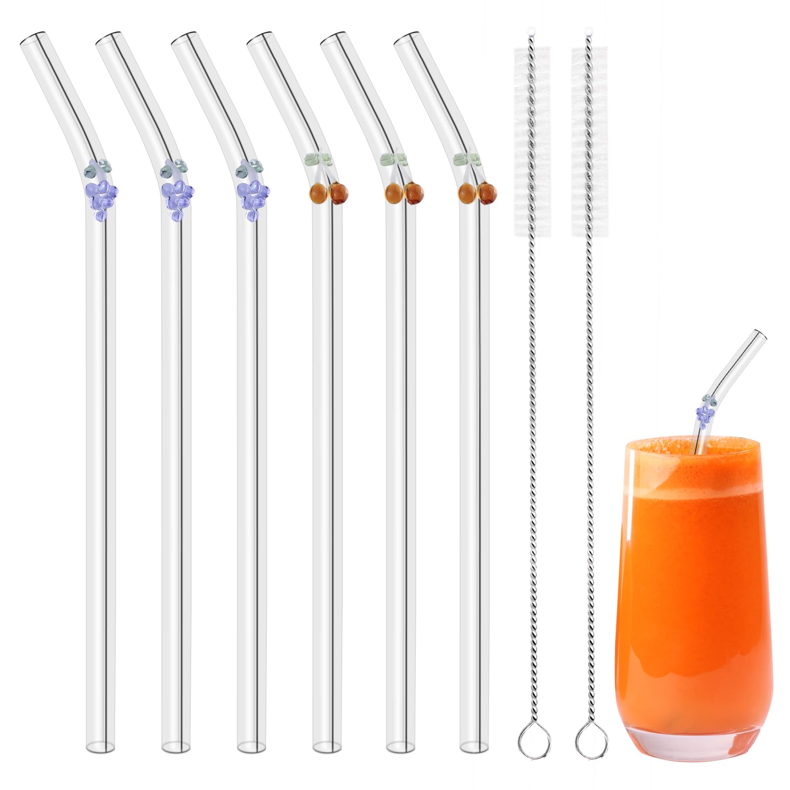 Musiwanna Reusable Drinking Glass Straws, Shatter Resistant Straws with Cherry Grape, Set of 6 Fruit 2 Straw Cleaning Brushes, Clear for Smoothies Tea Juice Coffee Milkshakes