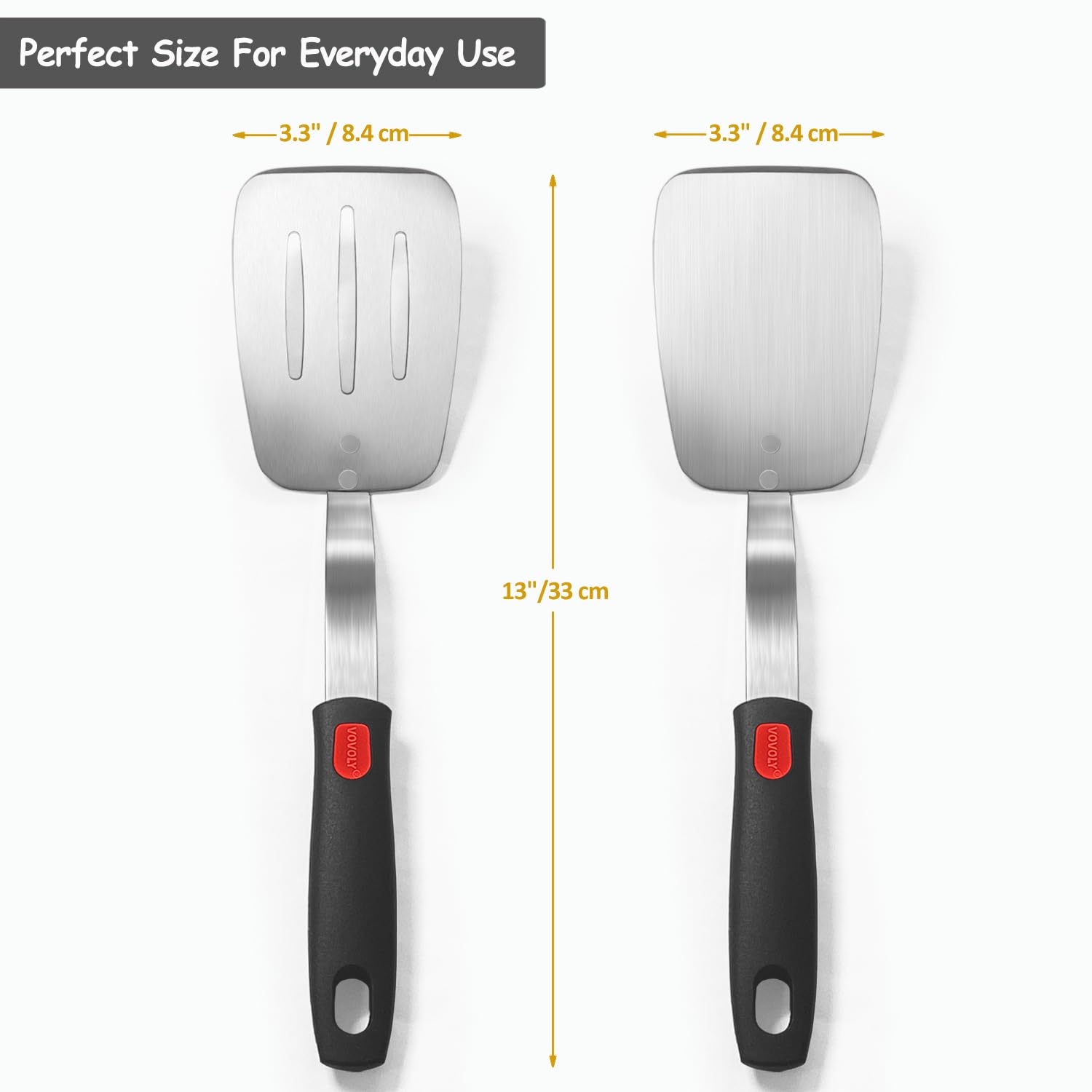 VOVOLY - Juego de 2 espátulas de acero inoxidable, espátula de metal para uso en cocina, espátula de cocina resistente, hoja ancha con borde biselado, mango de silicona resistente al calor, apto para