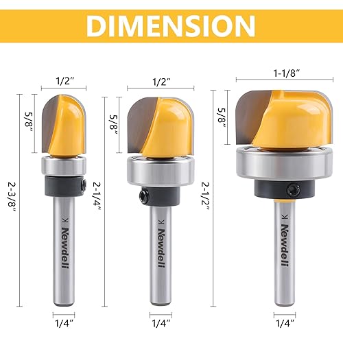 Miniatura 2 de Newdeli Juego de 3 brocas de fresadora de plantillas para cuenco y bandeja, vástago de 14 de pulgada, ranura de jugo de carburo, punta redonda con