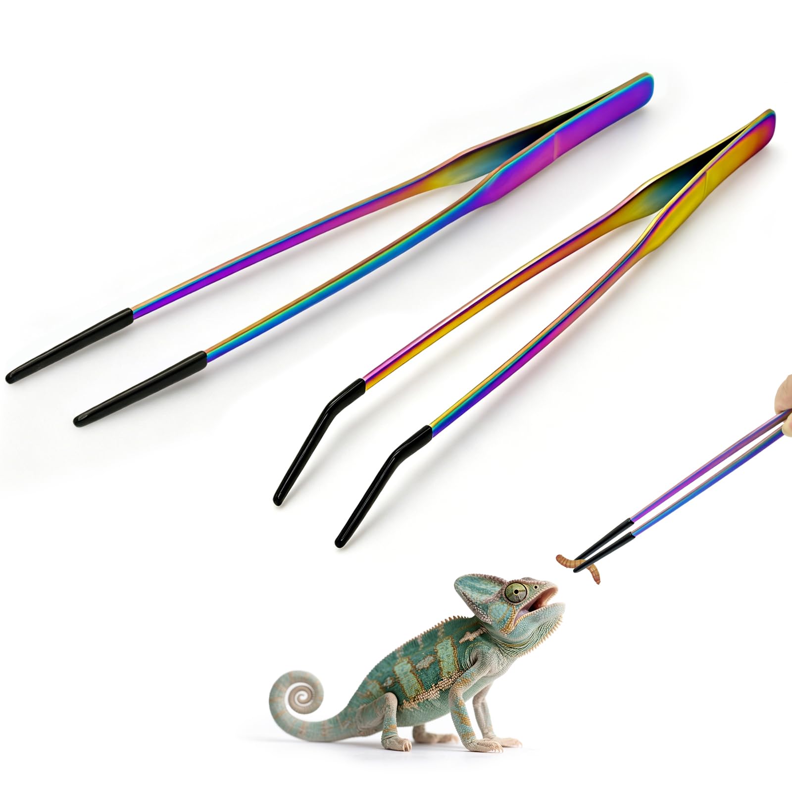 Syn-zer Reptile Feeding Tongs 2 Pack – 10.6" Stainless Steel Tweezers with Rubber Tips | Straight & Curved Long Tongs for Bearded Dragon, Lizard, Aquarium, Terrarium, Gardening, Craft - terrarium accessories | Mubboo