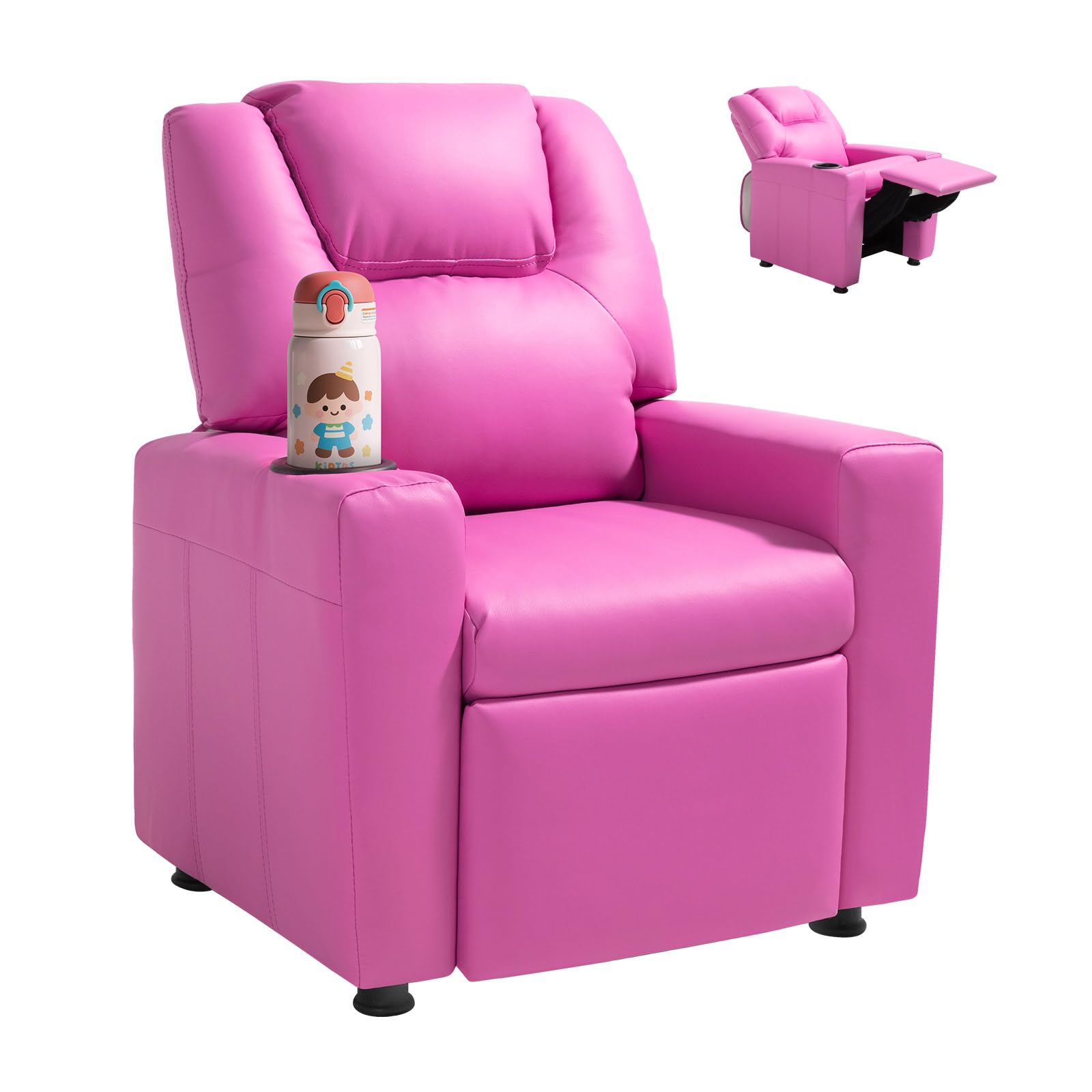 VEVOR Kids Reclining Chair, Toddler Recliner with Cup Holder, 101° to 121° Adjustable Backrest, Easy-to-Clean PU Leather Recliner Couch with Footrest, 90 lbs Load, for Boys & Girls, Children (Pink)