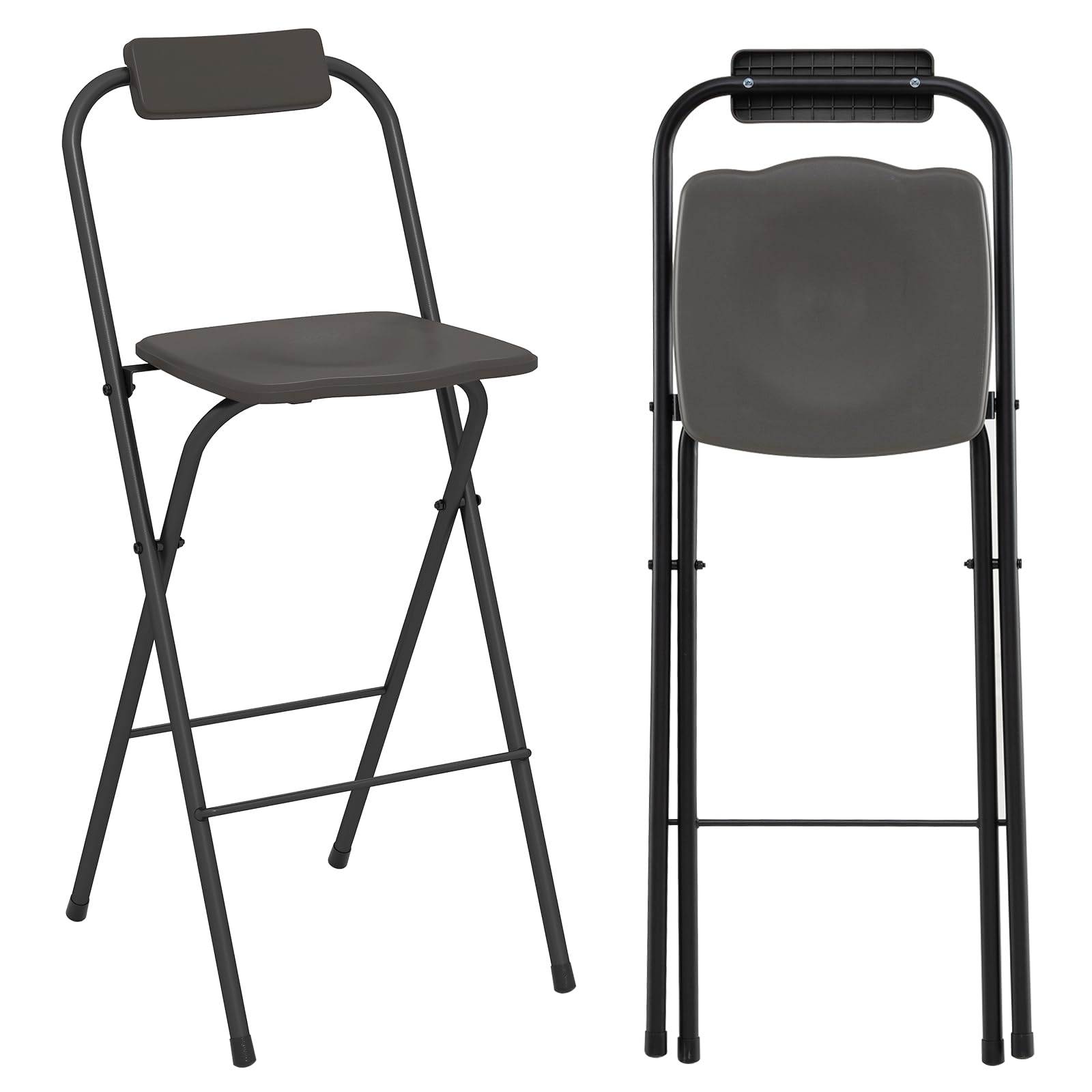 COSTWAY Set di 2 Sgabelli da Bar Pieghevoli, Sedia Alta con Schienale e Poggiapiedi, Struttura in Metallo, per Interno ed Esterno, Portata 150 kg (Grigio)