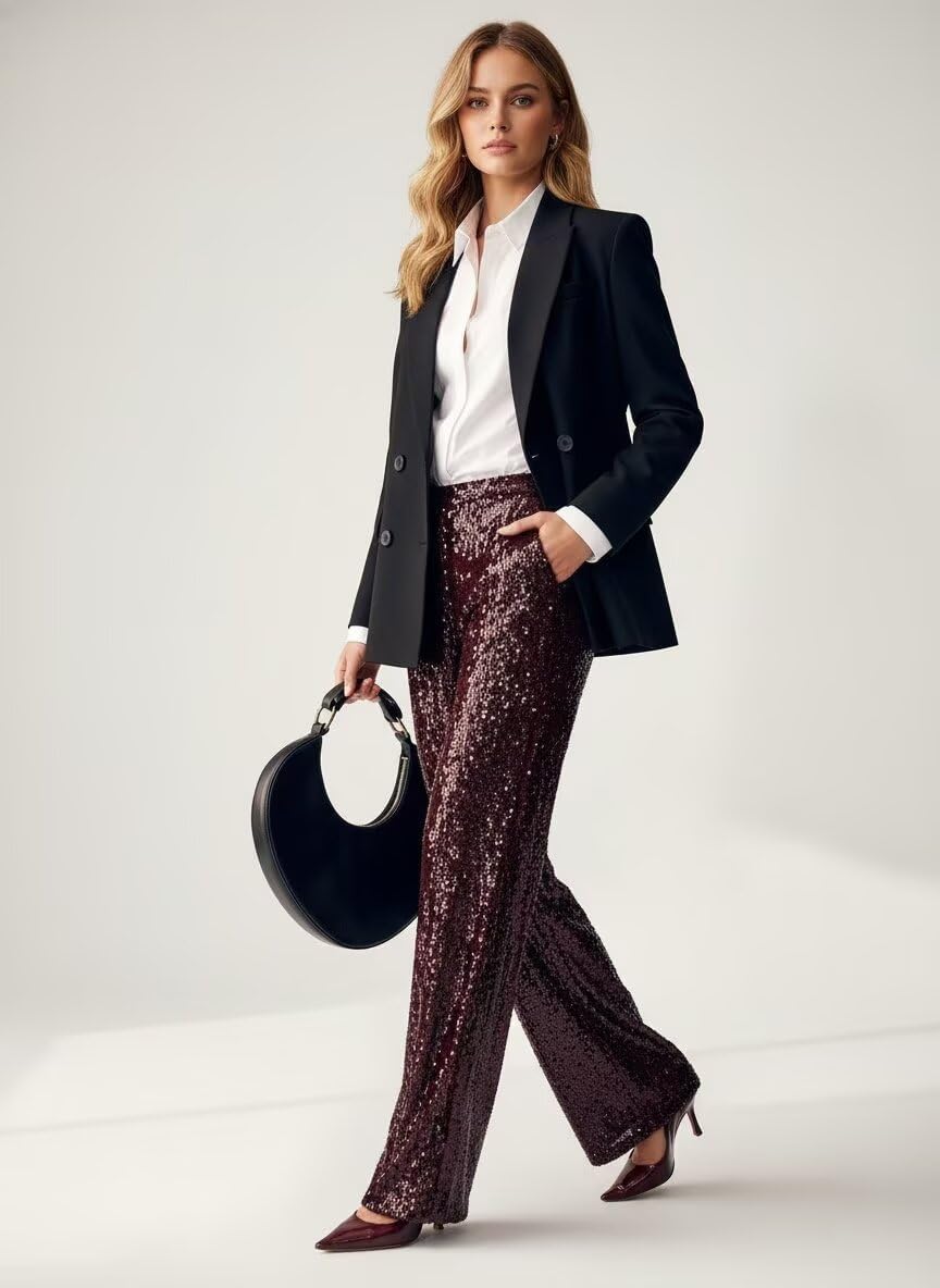 Sparkly Sequin Pants Women Wide Leg Trendy Casual Pants for Women Elastic High Waisted Glitter Prom Trousers