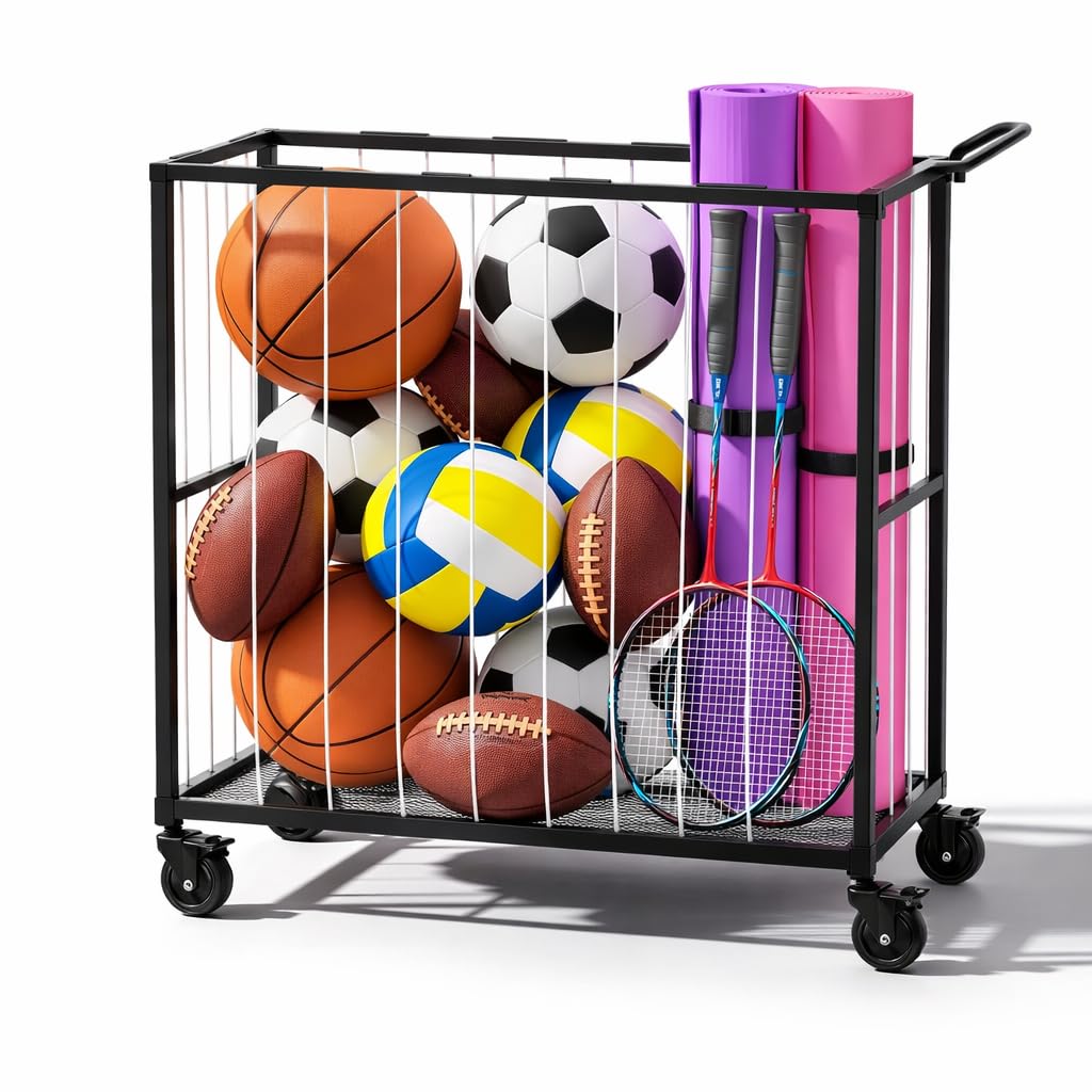 56262 Ball Storage Bin Rolling Sports Ball Cart, Metal Garage Organizer Sport Rack, Ball Basket Storage, Ball Cage for Garage or Gym, Indoor & Outdoor Sports Equipment Organizer - Black-image-21