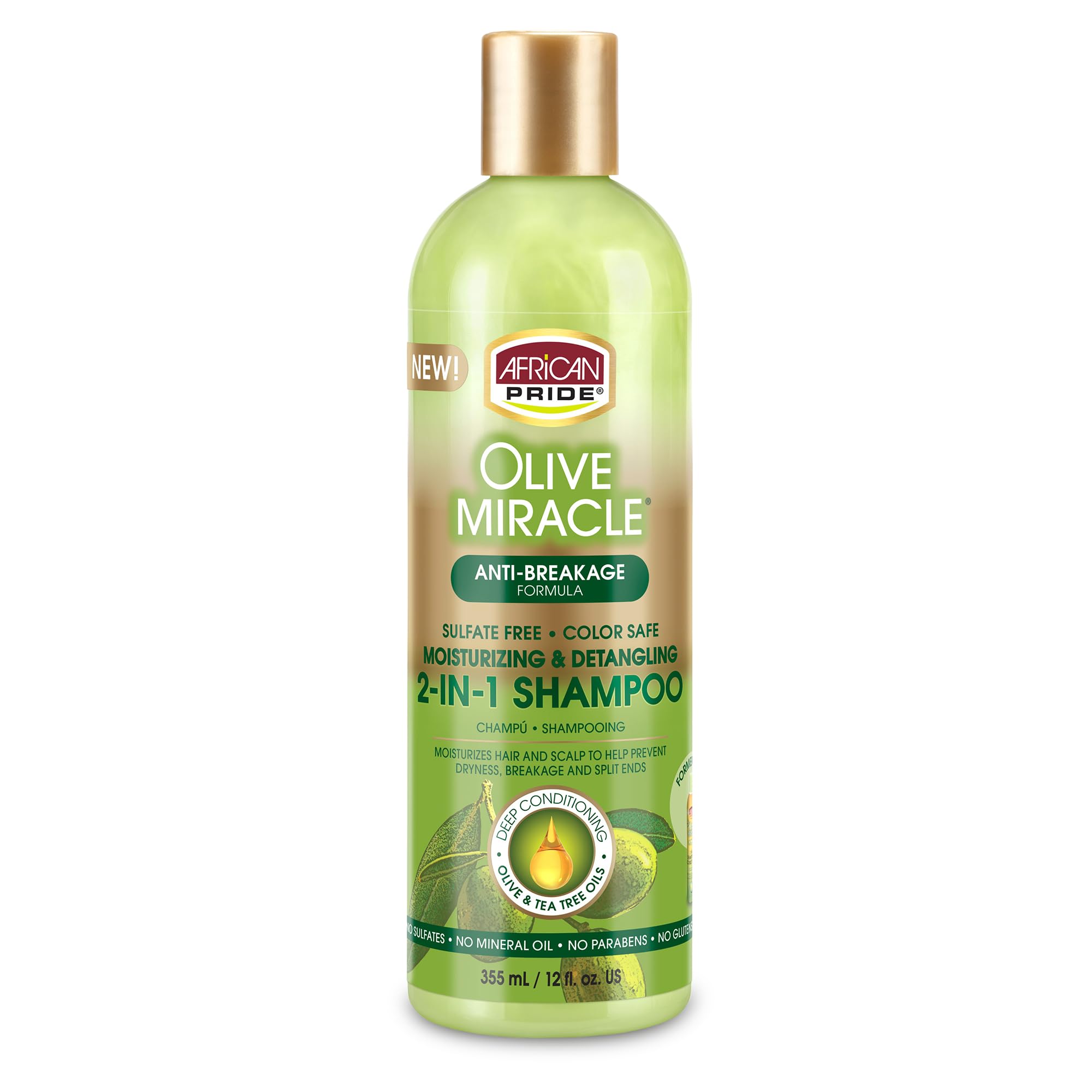 African Pride Olive Miracle 2 in 1 Shampoo & Conditioner, Moisturizing & Detangling for Coily & Curly Hair, with Olive Oil & Flaxseed Oil, 12 oz