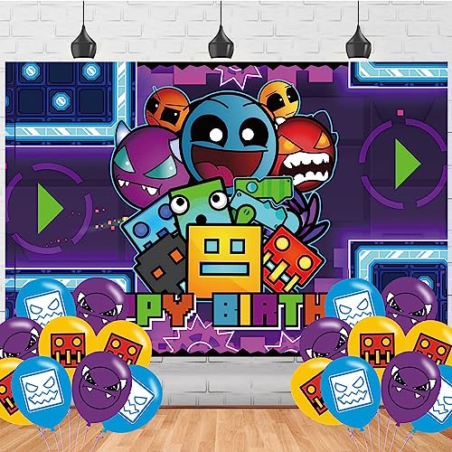 Image of Geometry Aesthetic Dash Birthday Party Backdrop,Geometry Aesthetic Dash Party Decoration,Cartoon Game Birthday Banner Shoot Photo Backgrounds Props for Boys and Girls Party 5x3ft