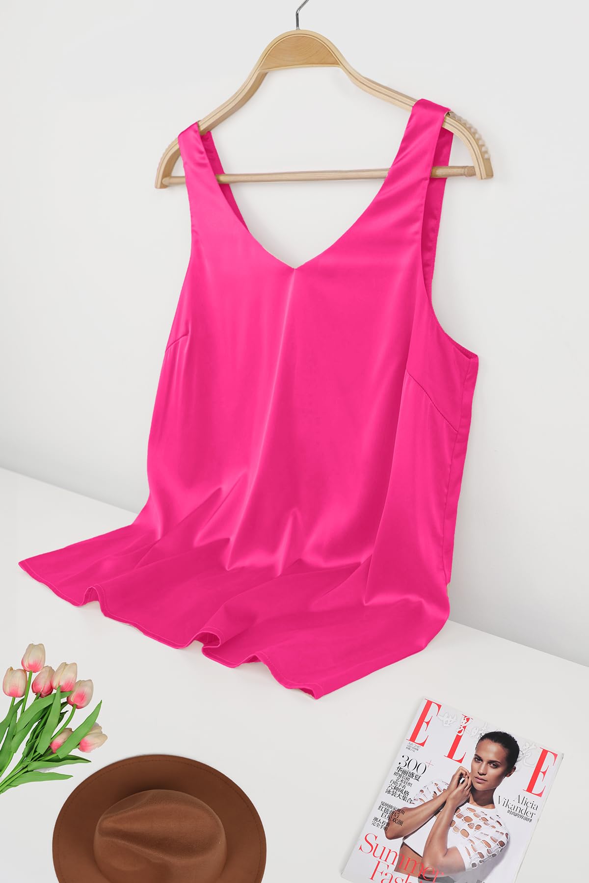 SimpleFun Débardeurs en satin pour femme - Décontracté - Col en V - Sans manches - Chemisier d'été en soie