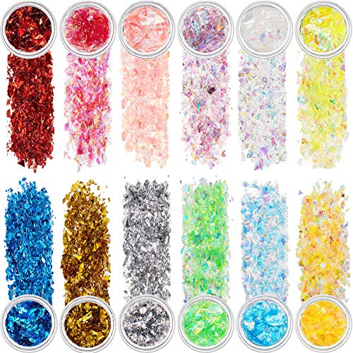 24 Boxes Colorful Nail Sequins Holographic Nail Sequins Iridescent Glitter Flakes Foil Flakes Decoration Nail Art Glitter Irregular Sequins for Nail Decoration, 12 Colors