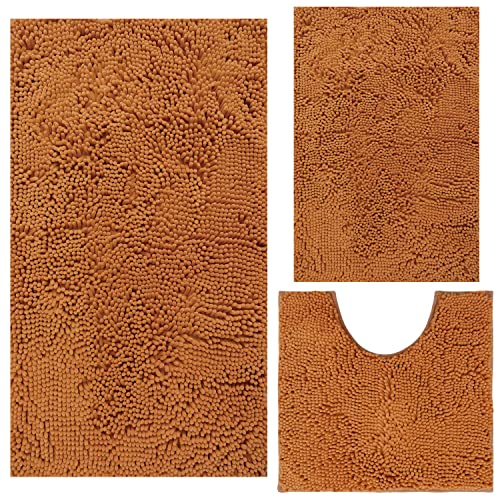 Image of Bathroom Rugs Chenille 3-Piece Extra Soft and Absorbent Shag Bathroom Rugs, Machine Wash Mat, Strong PVC Non-Slip Underside, Plush Carpet Mats (Champagne)