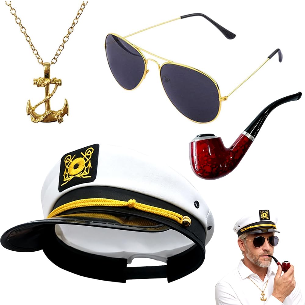 Captain Sailor Costume, Navy Captain Sailor Costume Hat for Women & Men, Navy Captain Sailor Hat with Sunglasses, Gold Anchor Brooch & Pipe Prop, Men Women Decoration Play-4Pcs