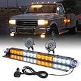Windshield Dash Strobe Light Bar Aluminum w/Suction Cups, White&Amber LED Deck Hazard Warning Flashing Traffic Advisor Lights for Emergency Construction Vehicles POV Trucks EMS Snowplow