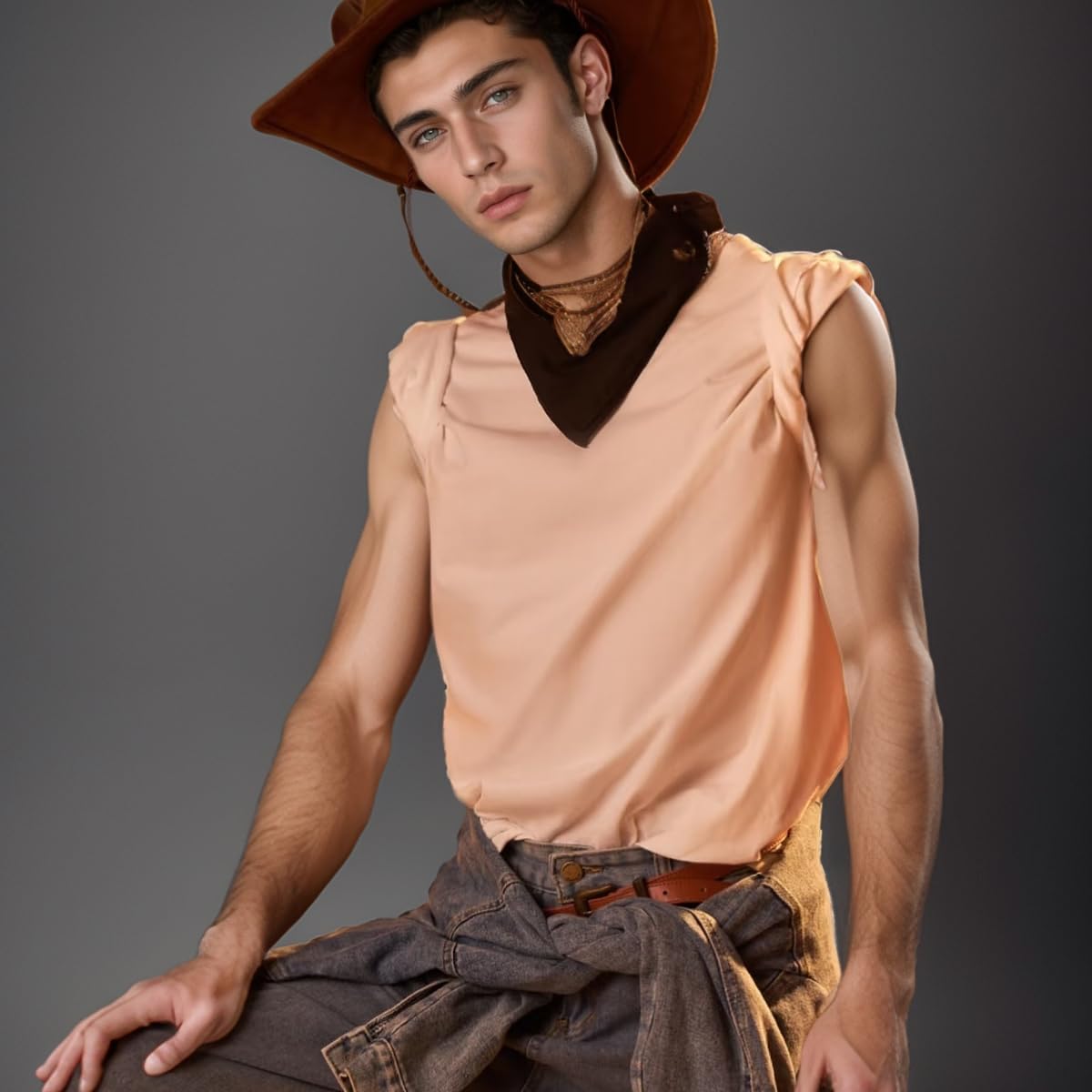4 Stück Western Cowboyhut mit Bandana und Western-Cowboy-Anhänger, Kopfbedeckung für Faschingskostüme, Western Cowgirl Hüte für Verkleidung, Kostüm, Karneval, Mottoparty Cosplay Party Dress Up