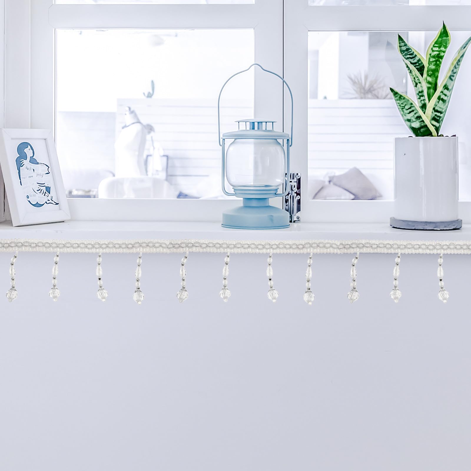 Garniture Décorative à Pompons de Perles pour Rideaux et Housses de Canapé, Frange à Perles en Polyester Blanc, Facile à Utiliser pour Bricolage Professionnel