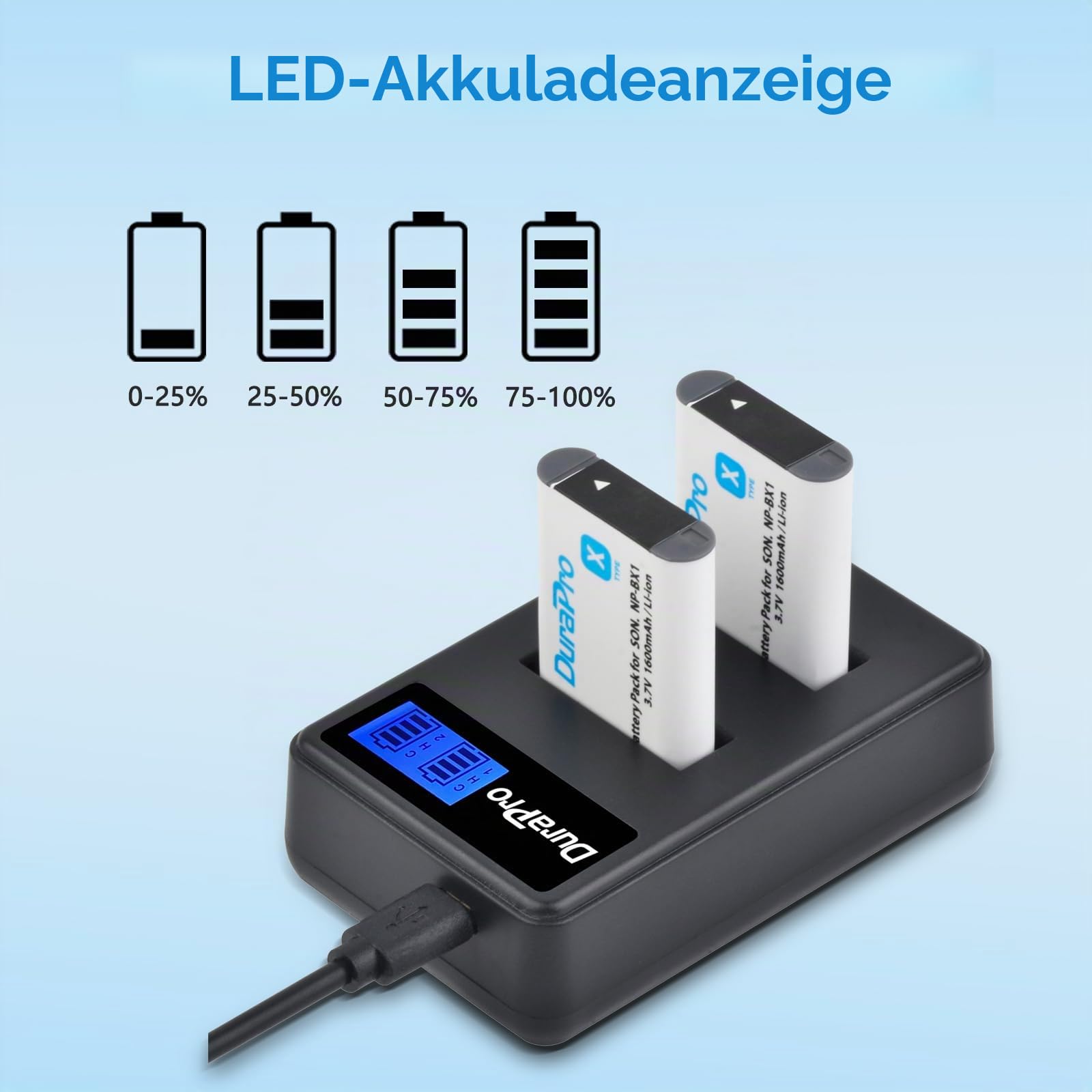 Durapro 4X NP-BX1 Akku + LCD Dual USB Ladegerät für Sony NP-BX1 Akku Sony DSC-RX100 RX100 II DSC-WX500 HX300 HX400V WX300 WX350 HDR AS100v AS200V AS15 AS30V AS300 M3 M2 Camcorders